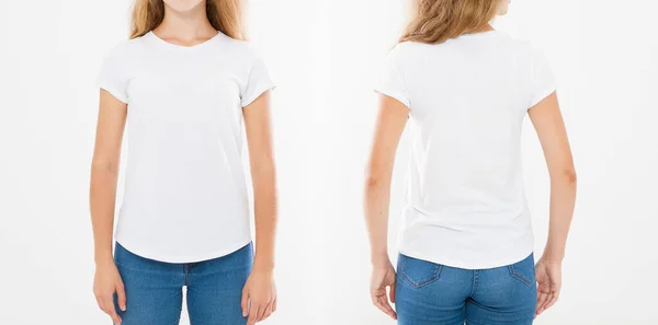 Vistas Frontales Traseras Joven Mujer Caucásica Con Elegante Camiseta Sobre — Foto de Stock