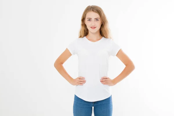 Young Caucasian Europian Woman Girl Blank White Shirt Shirt Design — Stock Photo, Image