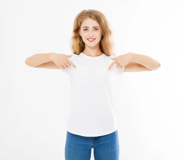 Sexy Vrouw Wit Tshirt Geïsoleerd Witte Achtergrond Mock Voor Desigh — Stockfoto