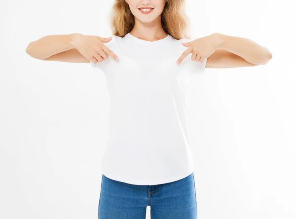 Ładna Dziewczyna Wskazał Koszula Izolowane Białym Tle Kobieta Shirt — Zdjęcie stockowe