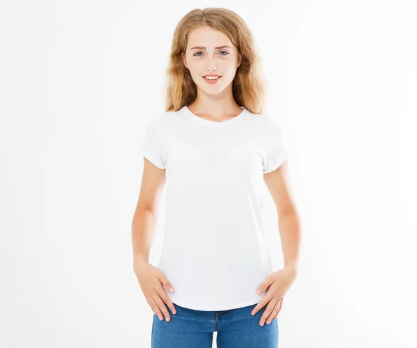 Fiatal Vonzó Elegáns Fehér Pólóban Elszigetelt Lány Pólóban Üres — Stock Fotó