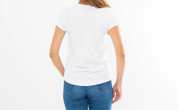 Vista Posterior Mujer Camiseta Blanca Maqueta Hasta Aislado Camiseta Femenina — Foto de Stock