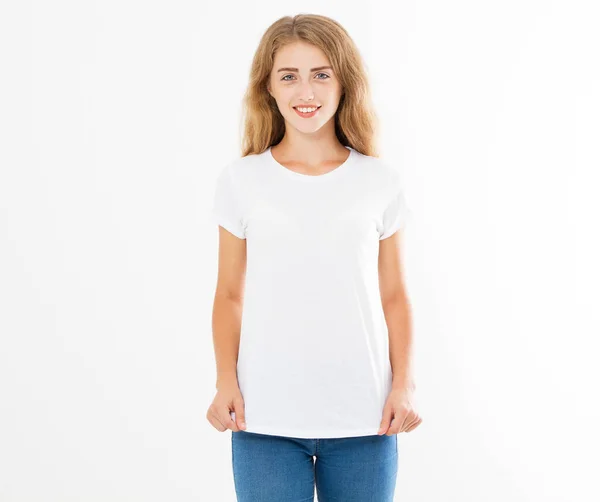 Mosoly Boldog Lány Pózol Fehér Póló Készlet Másolás Hely Üres — Stock Fotó