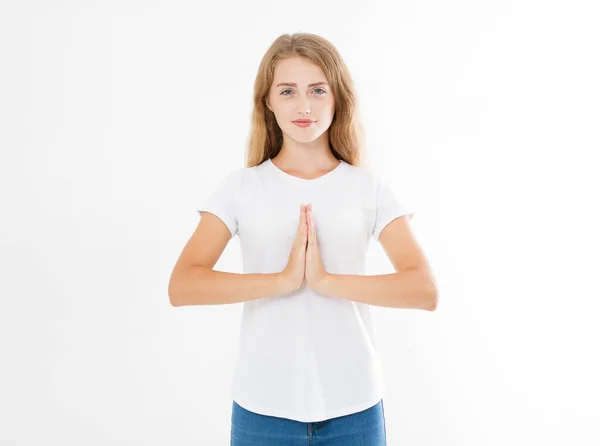 Närbild Händer Vackra Kvinna Flicka Vit Shirt Meditera Inomhus Fokus — Stockfoto