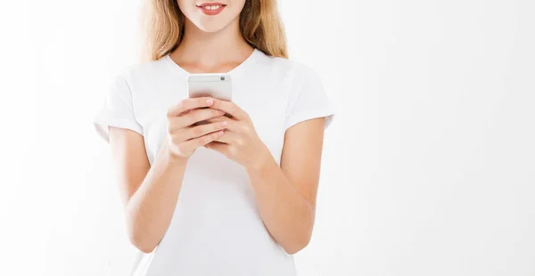 Menina Segurando Telefone Celular Mulher Com Smartphone Conceito Publicidade Espaço — Fotografia de Stock