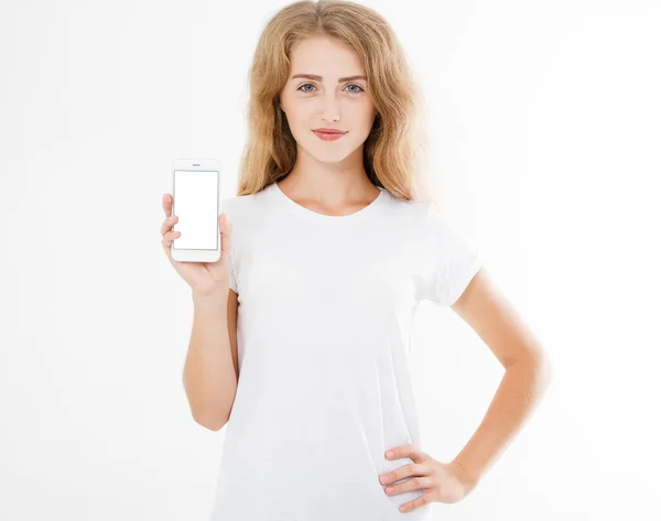 Söt Sexig Kvinna Shirt Hålla Tom Skärm Mobiltelefon Isolerad Vit — Stockfoto