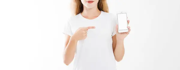 Ung Flicka Kvinna Shirt Pekar Finger Tom Skärm Mobiltelefon Isolerad — Stockfoto