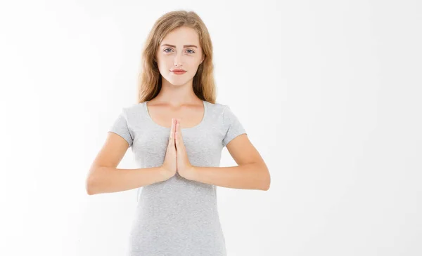 Großaufnahme Der Hände Einer Hübschen Frau Eines Mädchens Shirt Meditiert — Stockfoto