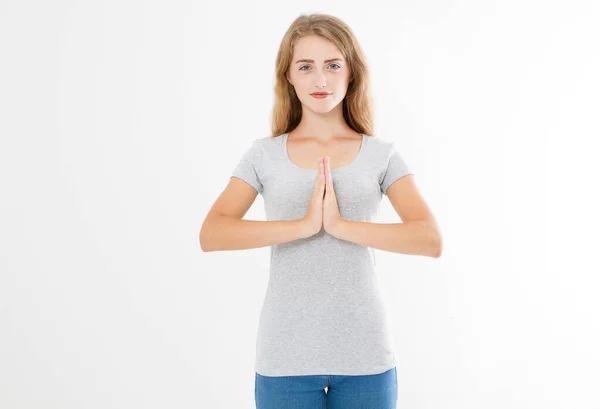 Close Mãos Mulher Bonita Menina Shirt Meditando Dentro Casa Foco — Fotografia de Stock