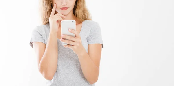 Menina Segurando Telefone Celular Mulher Com Smartphone Conceito Publicidade Espaço — Fotografia de Stock