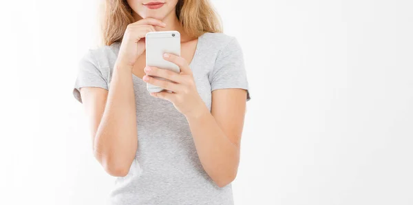 Menina Segurando Telefone Celular Mulher Com Smartphone Conceito Publicidade Espaço — Fotografia de Stock