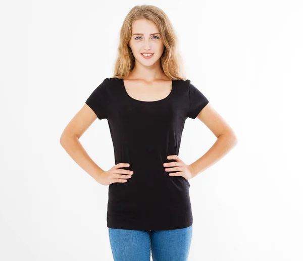 Carino Ragazza Shirt Donna Nero Shirt Isolato Sfondo Bianco Bianco — Foto Stock