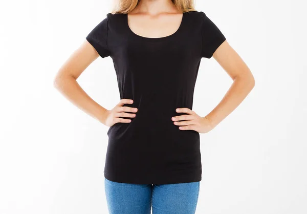 Ritratto Ritagliato Ragazza Carina Shirt Donna Shirt Nera Isolato Sfondo — Foto Stock
