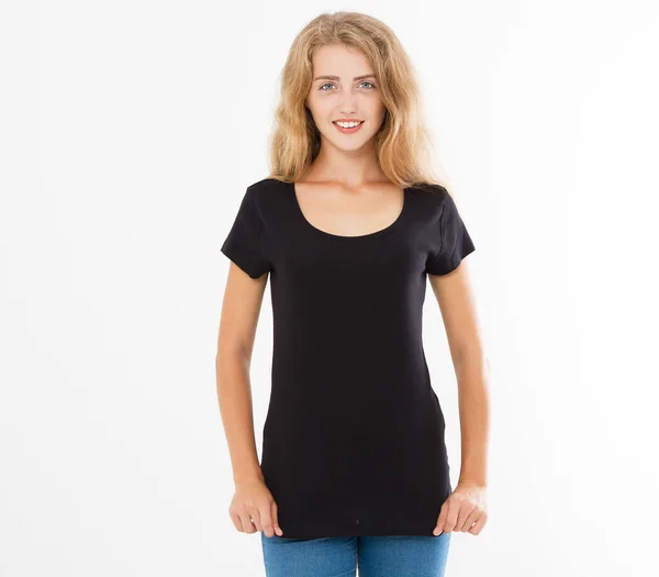 Beautiful Woman Black Tshirt Isolated White Girl Style Black Shirt — Stock Photo, Image