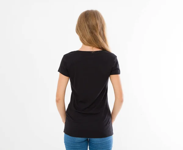 바탕에 티셔츠를 코카서스 여성의 앞모습 뒷모습 디자인쪽으로 템플릿 — 스톡 사진