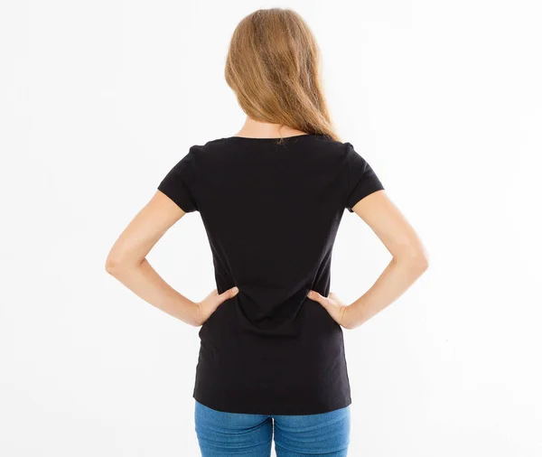 Vista Trasera Trasera Mujer Camiseta Negra Aislada Chica Camiseta Maqueta —  Fotos de Stock