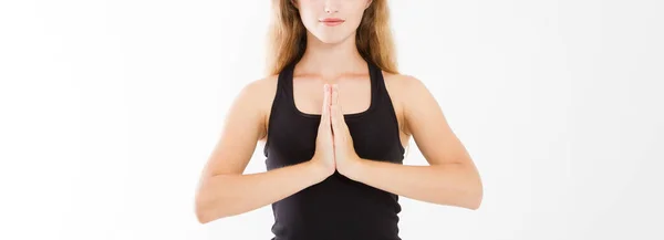 Close Hands Pretty Woman Girl Shirt Meditating Indoors Focus Arms — Stock Photo, Image