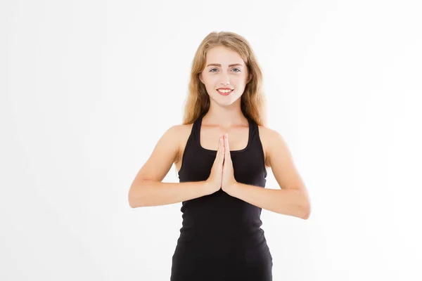 Großaufnahme Der Hände Einer Hübschen Frau Eines Mädchens Shirt Meditiert — Stockfoto