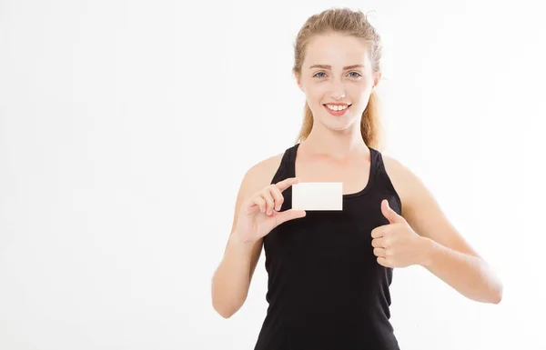 Smile Sexy Woman Showing Business Card Sign Isolated White Blank — Stock Photo, Image
