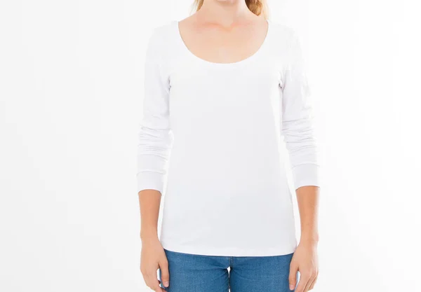 Midsection Mujer Joven Con Camiseta Blanco Sobre Fondo Blanco Chica — Foto de Stock