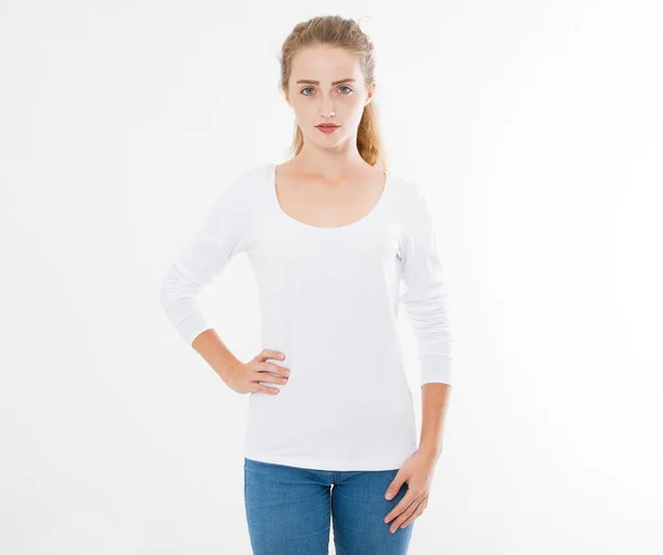 Young Caucasian Europian Woman Girl Blank White Shirt Shirt Design — Stock Photo, Image