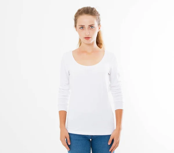 Midsection Young Woman Wearing Blank Tshirt White Background Girl Shirt — Stock Photo, Image