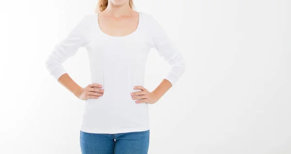 若い白人ヨーロッパ人女性白いTシャツを着た女の子 Tシャツのデザインや人のコンセプト シャツのフロントビューの白い背景に隔離された モックアップ スペースのコピー — ストック写真