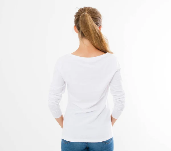 Vista Posterior Mujer Camiseta Blanca Maqueta Hasta Aislado Camiseta Femenina —  Fotos de Stock