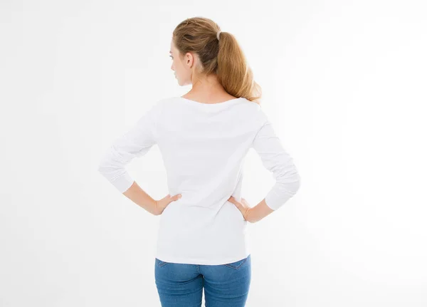 Visão Traseira Jovem Caucasiana Mulher Européia Menina Branco Shirt Shirt — Fotografia de Stock