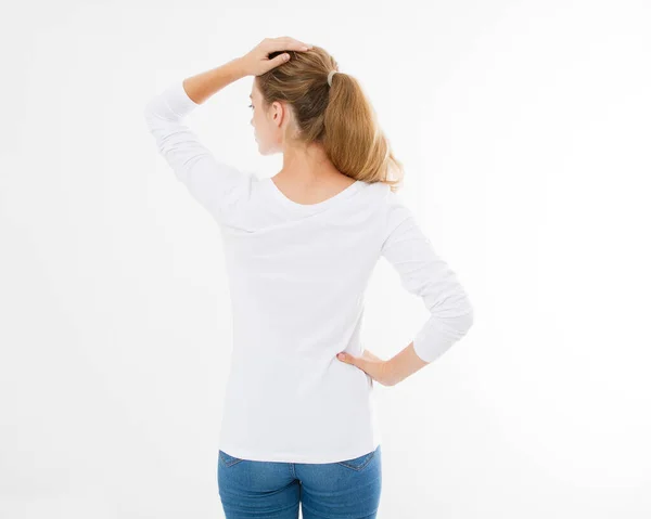 Visão Traseira Jovem Caucasiana Mulher Européia Menina Branco Shirt Shirt — Fotografia de Stock