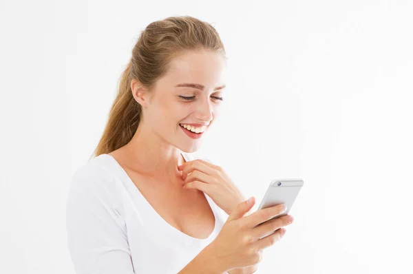 Buenas Noticias Teléfono Muchacha Feliz Emocionada Leyendo Buenas Noticias Teléfono — Foto de Stock