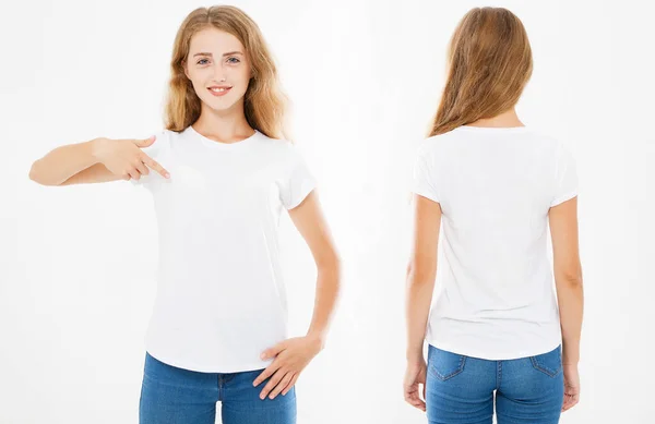 Smile Woman Pointed White Tshirt Set Collage Front Back Views — Stock Photo, Image