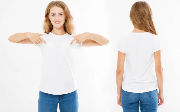 设置妇女指向白色T恤 前后视镜T恤 复制空间 — 图库照片