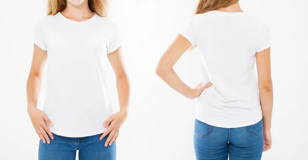 Retrato Recortado Conjunto Vistas Frontales Espalda Mujer Caucásica Camiseta Aislada — Foto de Stock