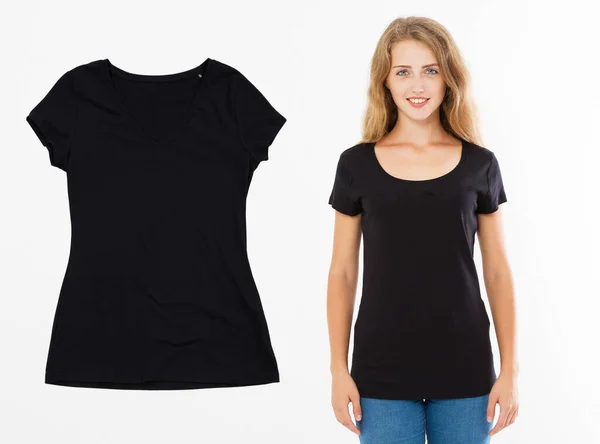 Sorriso Felice Ragazza Posa Nero Shirt Set Spazio Copia Shirt — Foto Stock