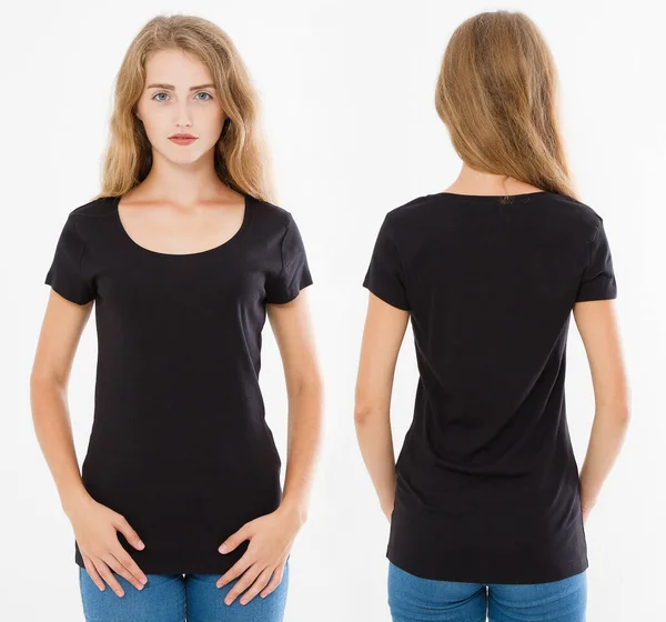 黒のTシャツブランクセット白の背景に隔離されたTシャツの女性 — ストック写真