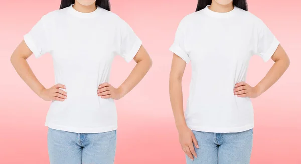 Vista Frontal Trasera Morena Mujer Camiseta Blanca Aislada Sobre Fondo —  Fotos de Stock