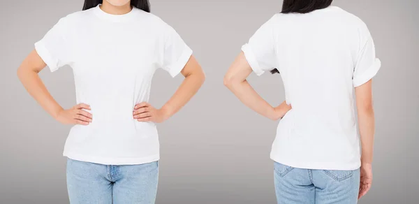 Morena Mujer Frente Espalda Vistas Camiseta Aislada Sobre Fondo Gris —  Fotos de Stock