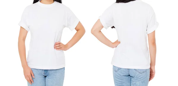 前面的后视镜女人在T恤孤立的白色背景 造型为设计 复制空间 空白的 — 图库照片