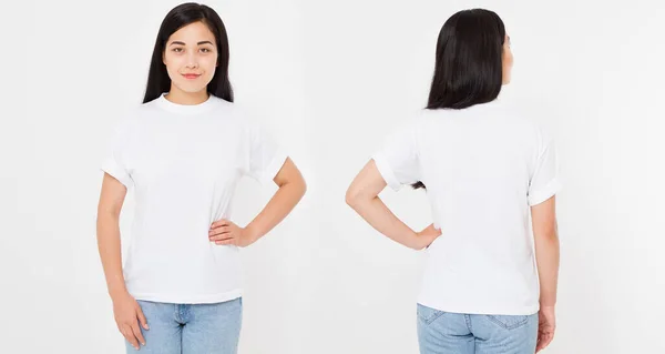 穿着白色背景的时髦T恤衫的年轻亚洲裔日本女青年的前后景色 为设计做准备 复制空间 空白的 — 图库照片