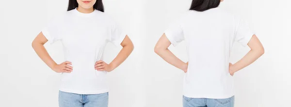 Przednie Tylne Widoki Młodej Azjatyckiej Japońskiej Dziewczyny Stylowej Koszulce Białym — Zdjęcie stockowe