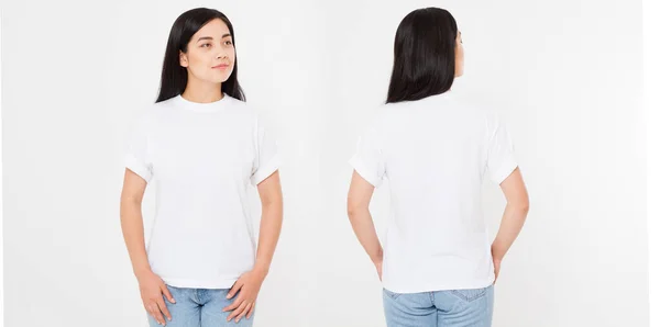 바탕에 티셔츠를 아시아인 여성의 앞모습 뒷모습 디자인쪽으로 템플릿 — 스톡 사진