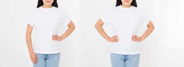 Vorder Und Rückansichten Junger Asiatischer Japanerinnen Stylischem Shirt Auf Weißem — Stockfoto