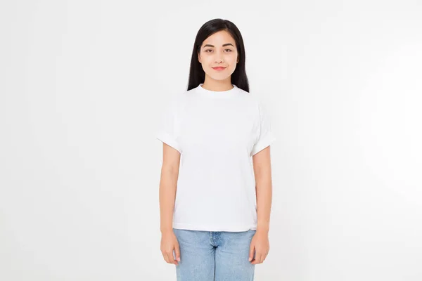 Joven Asiático Japonés Mujer Blanco Camiseta Blanca Diseño Camisetas Concepto — Foto de Stock