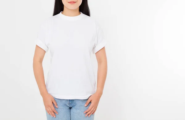 Joven Asiático Japonés Mujer Blanco Camiseta Blanca Diseño Camisetas Concepto — Foto de Stock