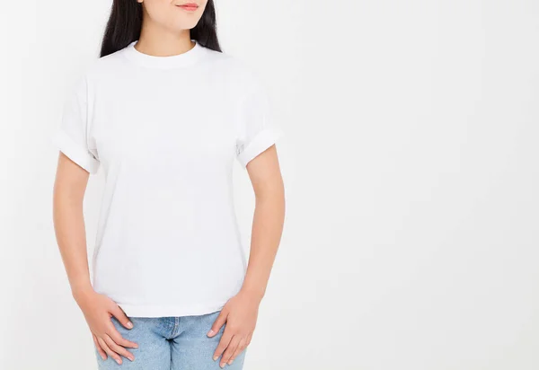 Jovem Asiático Japonês Mulher Branco Branco Shirt Shirt Design Conceito — Fotografia de Stock