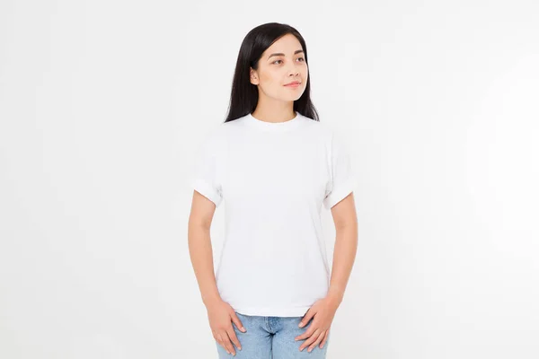Beyaz Tişörtlü Genç Asyalı Japon Kadın Gömlek Tasarımı Insanların Konsepti — Stok fotoğraf