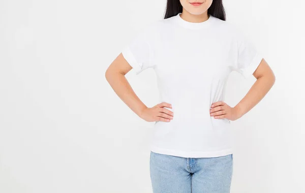 Jovem Asiático Japonês Mulher Branco Branco Shirt Shirt Design Conceito — Fotografia de Stock