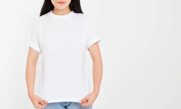 Jovem Asiático Japonês Mulher Branco Branco Shirt Shirt Design Conceito — Fotografia de Stock