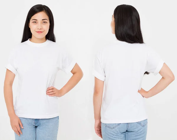 穿着白底时髦T恤的年轻的亚洲韩国性感女人的前景色和背景色 为设计做准备 复制空间 空白的 — 图库照片